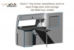 Style 1  Top locker, splashback, push to open fridge door with storage VW SWB