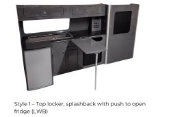 Style 1  Top locker, splashback, push to open fridge door with storage VW LWB