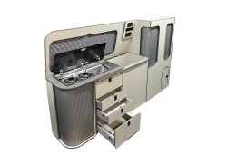 Style 3  Splashback with hinged worktops for top loading fridge and storage VW SWB