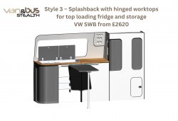 Style 3  Splashback with hinged worktops for top loading fridge and storage VW SWB