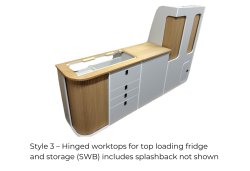 Style 3  Splashback with hinged worktops for top loading fridge and storage VW SWB