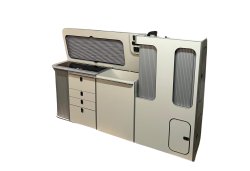 Style 3  Splashback with hinged worktops for top loading fridge and storage VW SWB