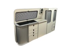 Style 3  Splashback with hinged worktops for top loading fridge and storage VW SWB