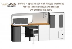 Style 3  Splashback with hinged worktops for top loading fridge and storage VW LWB