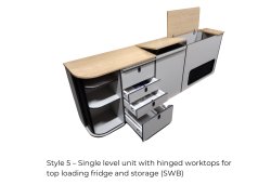 Style 5  Single level unit with hinged worktops for top loading fridge and storage VW SWB