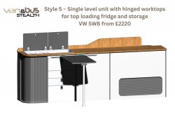 Style 5  Single level unit with hinged worktops for top loading fridge and storage VW SWB