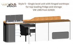 Style 5  Single level unit with hinged worktops for top loading fridge and storage VW LWB