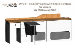 Style 6  Single level unit with hinged worktops for storage VW SWB