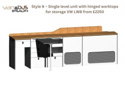 Style 6  Single level unit with hinged worktops for storage VW LWB
