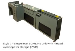 Style 7  Single level SLIMLINE unit with hinged worktops for storage VW LWB